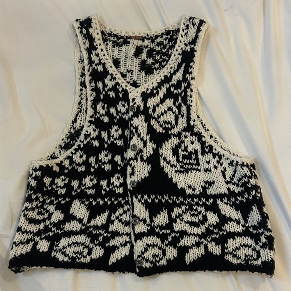 Free People Black & White Floral Knit Button Front Vest